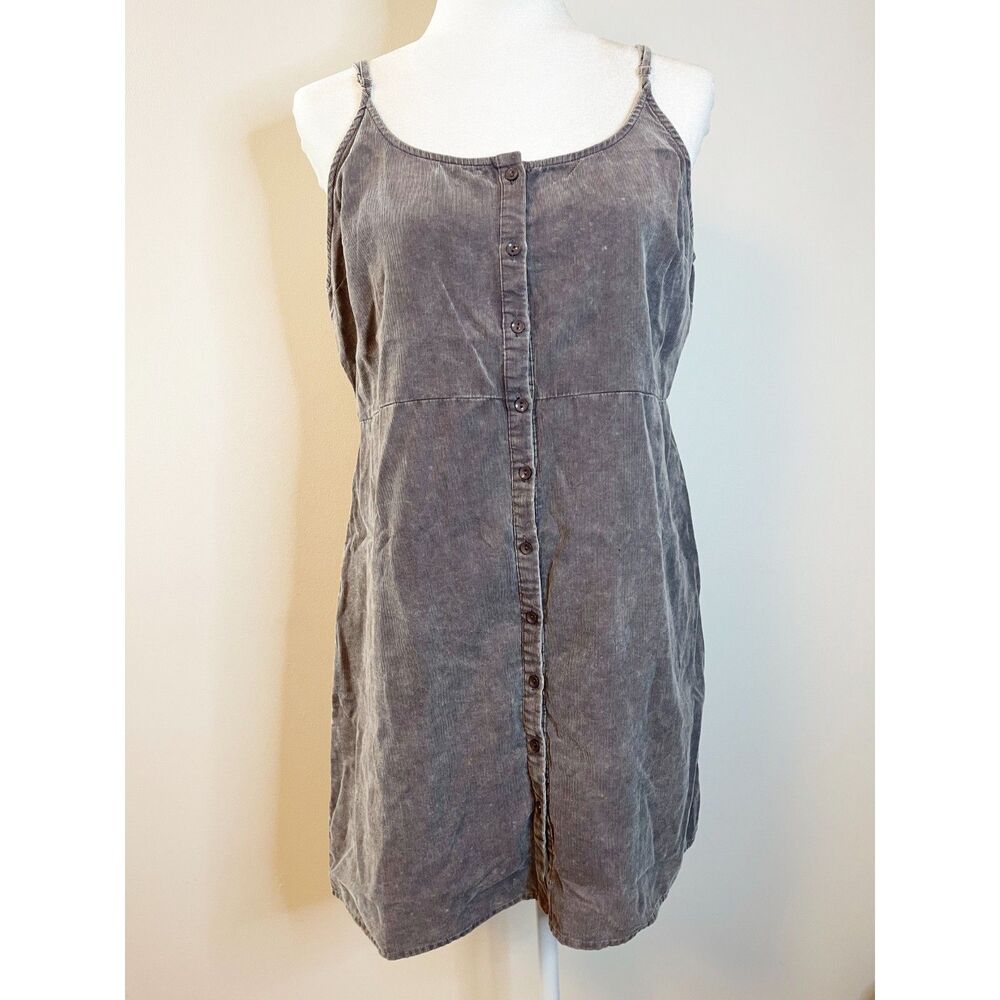 Vintage Style Taupe Corduroy Button Front Mini Dress Size Large Cottagecore Boho